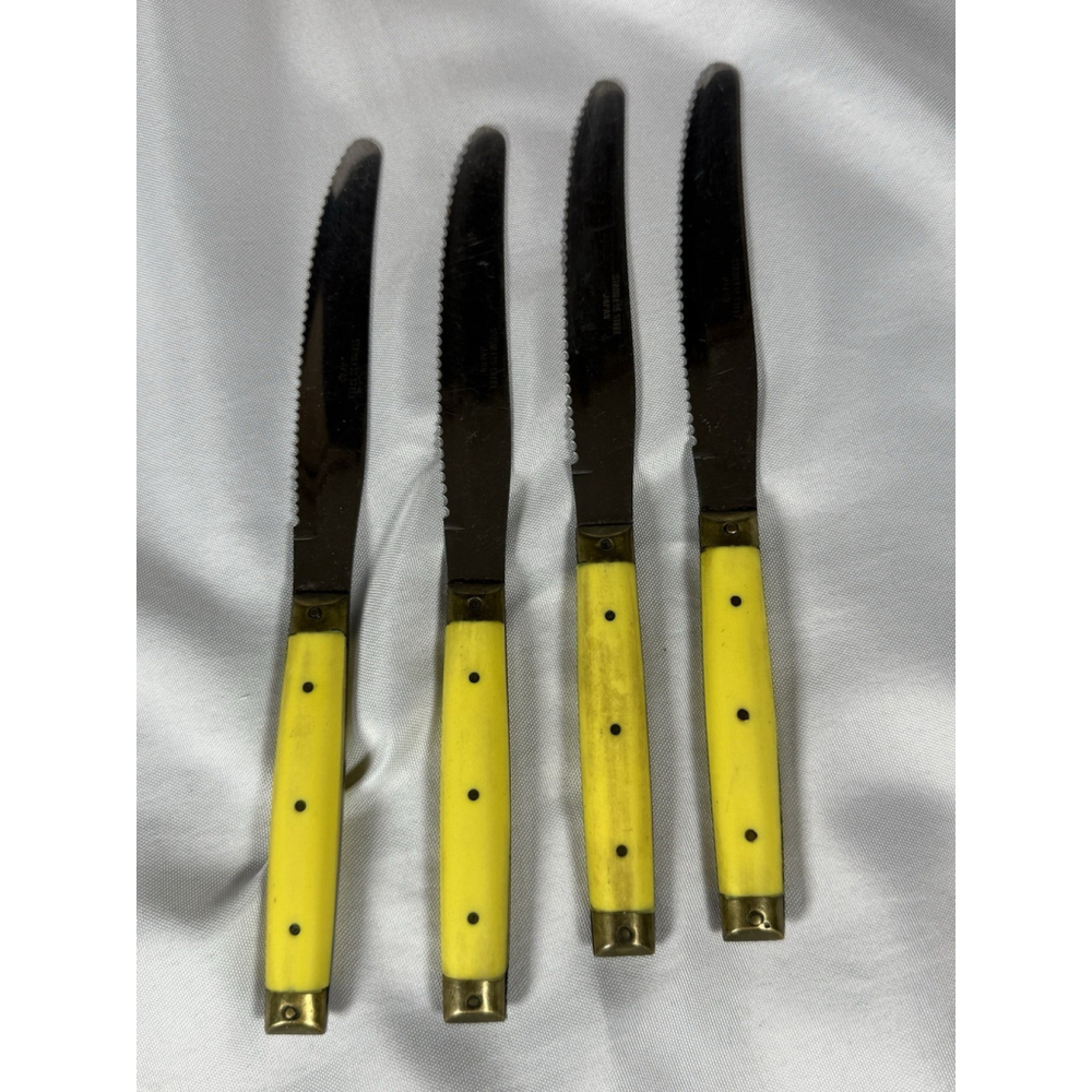 Vintage Melron Flatware Stainless Flatware Knife Yellow Riveted Handles 4 Piece
